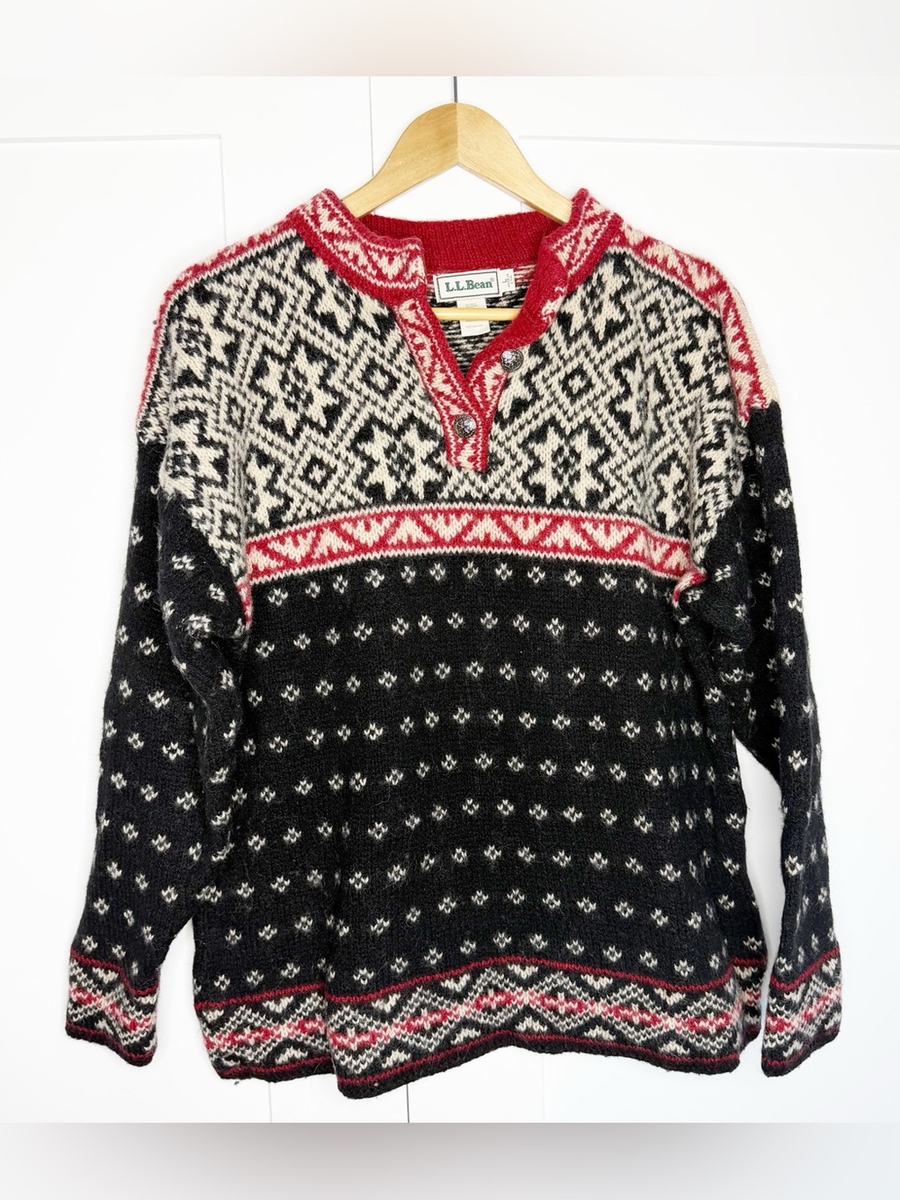 L.L. Bean Fair Isle Pullover Wool Sweater Large red black Nordic vintage scandi